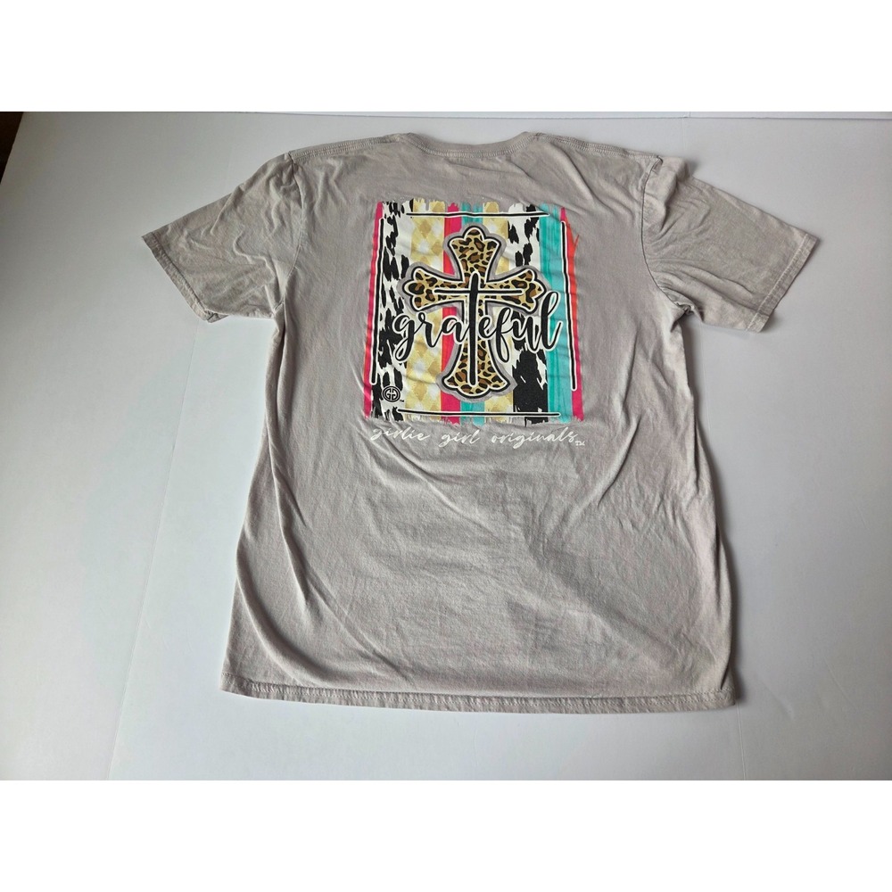 Girlie Girl Shirt Womens Large Beige Gray Grateful Cross Faith Hopeful Praise